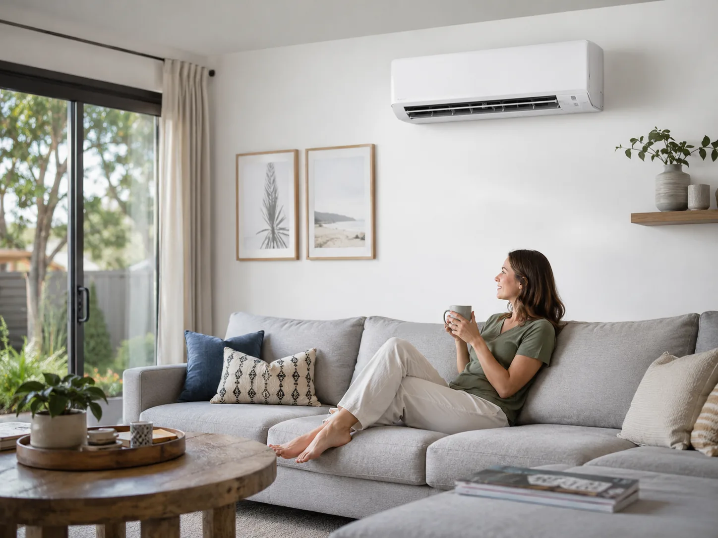 Wall-mounted air conditioning unit in a modern home living room